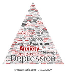 Depresión conceptual vectorial o trastorno emocional mental problema de triángulo de flecha de la palabra nube aislado fondo. Collage de tristeza de ansiedad, triste negativo, desesperación, infeliz, síntoma de frustración