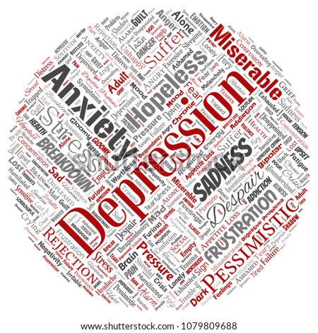 Vector conceptual depression or mental emotional disorder problem round circle red word cloud isolated background. Collage of anxiety sadness, negative sad, despair, unhappy, frustration symptom