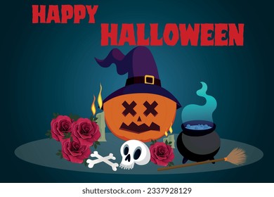 Diseño conceptual de vectores para Halloween. Feliz texto de Halloween con elementos de calabaza temible, calavera, poción mágica, rosas