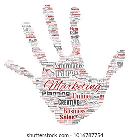 Desarrollo conceptual de vectores marketing de negocios estampado manual de marca de palabras nube aislado fondo. Publicidad en grupo, estrategia, promoción de marca, valor, planificación del rendimiento o desafío