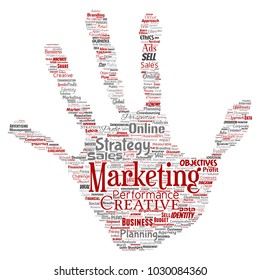 Vector conceptual development business marketing target hand print stamp word cloud isolated background. Collage advertising, strategy, promotion branding, value, performance planning or challenge