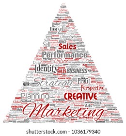 Vetor conceitual desenvolvimento negócio marketing alvo triângulo seta palavra nuvem isolado fundo. Collage propaganda, estratégia, promoção de marca, valor, planejamento de desempenho ou desafio