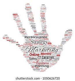 Vector conceptual development business marketing target hand print stamp word cloud isolated background. Collage advertising, strategy, promotion branding, value, performance planning or challenge