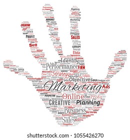 Desarrollo conceptual de vectores marketing de negocios estampado manual de marca de palabras nube aislado fondo. Publicidad en grupo, estrategia, promoción de marca, valor, planificación del rendimiento o desafío