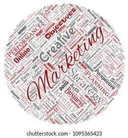 Desarrollo conceptual de vectores marketing de negocio objetivo de la nube de palabras rojas redondeada fondo aislado. Publicidad en grupo, estrategia, promoción de marca, valor, planificación del rendimiento o desafío