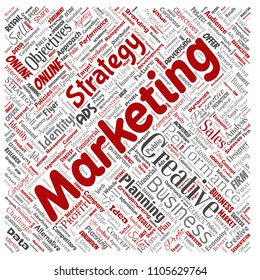 Desarrollo conceptual de vectores marketing de negocio objetivo de nube de palabras rojas cuadradas fondo aislado. Publicidad en grupo, estrategia, promoción de marca, valor, planificación del rendimiento o desafío