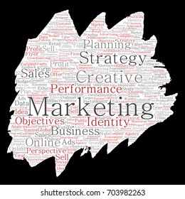 Desarrollo conceptual de vectores marketing de negocio objetivo pincel de pincel de papel palabra nube fondo aislado. Publicidad en grupo, estrategia, promoción de marca, valor, planificación del rendimiento o desafío