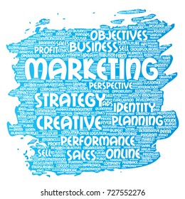 Desarrollo conceptual de vectores marketing de negocio objetivo pincel de pintura nube de palabras fondo aislado. Publicidad en grupo, estrategia, promoción de marca, valor, planificación del rendimiento o desafío