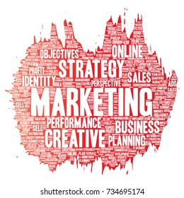 Desarrollo conceptual de vectores marketing de negocio objetivo pincel de pintura nube de palabras fondo aislado. Publicidad en grupo, estrategia, promoción de marca, valor, planificación del rendimiento o desafío