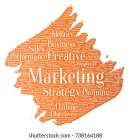 Desarrollo conceptual de vectores marketing de negocio objetivo pincel de pintura nube de palabras fondo aislado. Publicidad en grupo, estrategia, promoción de marca, valor, planificación del rendimiento o desafío