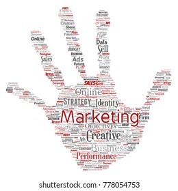 Desarrollo conceptual de vectores marketing de negocios estampado manual de marca de palabras nube aislado fondo. Publicidad en grupo, estrategia, promoción de marca, valor, planificación del rendimiento o desafío