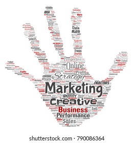 Vector conceptual development business marketing target hand print stamp word cloud isolated background. Collage advertising, strategy, promotion branding, value, performance planning or challenge