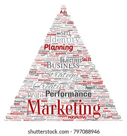 Vektor konzeptuelle Entwicklung Business Marketing Ziel Dreieck Pfeil-Wort Cloud isolierten Hintergrund. Collage-Werbung, Strategie, Promotion-Branding, Wert, Leistungsplanung oder Herausforderung