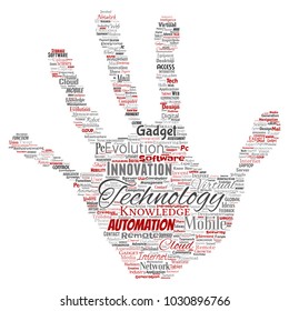 Vector conceptual digital smart technology, innovation media hand print stamp word cloud isolated background. Collage of information, internet, future development, research, evolution or intelligence
