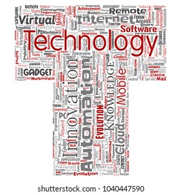 Vector conceptual digital smart technology, innovation media letter font T word cloud isolated background. Collage of information, internet, future development, research, evolution or intelligence