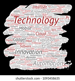 Vector conceptual digital smart technology, innovation media paint brush paper word cloud isolated background. Collage of information, internet, future development, research, evolution or intelligence