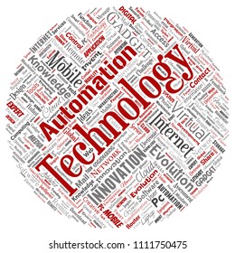 Vector conceptual digital smart technology, innovation media round circle red word cloud isolated background. Collage of information, internet, future development, research, evolution or intelligence