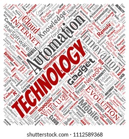Vector conceptual digital smart technology, innovation media square red word cloud isolated background. Collage of information, internet, future development, research, evolution or intelligence