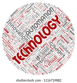 Vector conceptual digital smart technology, innovation media round circle red word cloud isolated background. Collage of information, internet, future development, research, evolution or intelligence