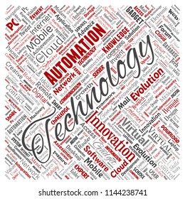 Vector conceptual digital smart technology, innovation media square red word cloud isolated background. Collage of information, internet, future development, research, evolution or intelligence
