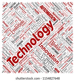 Vector conceptual digital smart technology, innovation media square red word cloud isolated background. Collage of information, internet, future development, research, evolution or intelligence