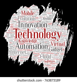 Vector conceptual digital smart technology, innovation media paint brush paper word cloud isolated background. Collage of information, internet, future development, research, evolution or intelligence