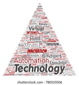 Vector conceptual digital smart technology, innovation media triangle arrow word cloud isolated background. Collage of information, internet, future development, research, evolution or intelligence