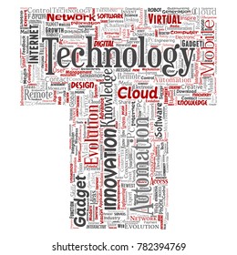 Vector conceptual digital smart technology, innovation media letter font T word cloud isolated background. Collage of information, internet, future development, research, evolution or intelligence