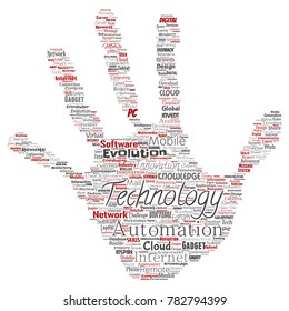 Vector conceptual digital smart technology, innovation media hand print stamp word cloud isolated background. Collage of information, internet, future development, research, evolution or intelligence