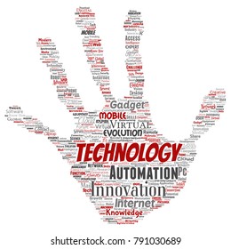 Vector conceptual digital smart technology, innovation media hand print stamp word cloud isolated background. Collage of information, internet, future development, research, evolution or intelligence