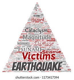 Vector conceptual earthquake activity triangle arrow word cloud isolated background. Collage of natural seismic tectonic crust tremble, violent tsunami waves risk, tectonic plates shifting concept