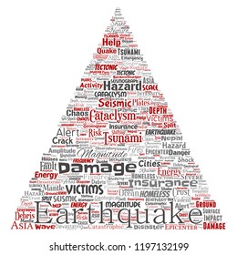 Vector conceptual earthquake activity triangle arrow word cloud isolated background. Collage of natural seismic tectonic crust tremble, violent tsunami waves risk, tectonic plates shifting concept