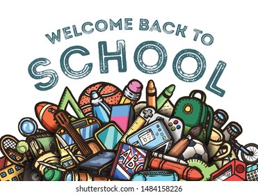 Vector conceptual education background in cartoon style hand-drawn illustration.