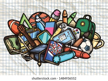 Vector conceptual education background in cartoon style hand-drawn illustration.