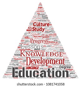 Vector conceptual education, knowledge, information triangle arrow red word cloud isolated background. Collage of learning, infographic, training, teaching, system, progress, online, culture concept