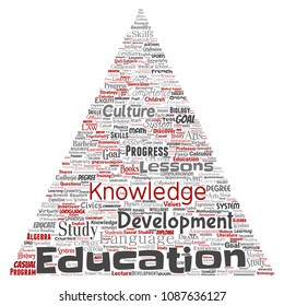 Vector conceptual education, knowledge, information triangle arrow red word cloud isolated background. Collage of learning, infographic, training, teaching, system, progress, online, culture concept