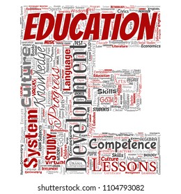 Vector conceptual education, knowledge, information letter font E red word cloud isolated background. Collage of learning, infographic, training, teaching, system, progress, online, culture concept