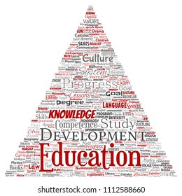 Vector conceptual education, knowledge, information triangle arrow red word cloud isolated background. Collage of learning, infographic, training, teaching, system, progress, online, culture concept