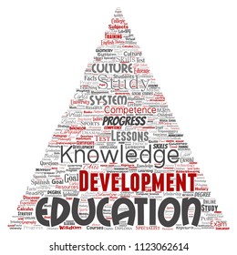 Vector conceptual education, knowledge, information triangle arrow red word cloud isolated background. Collage of learning, infographic, training, teaching, system, progress, online, culture concept