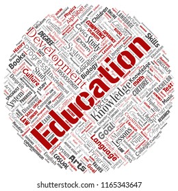 Vector conceptual education, knowledge, information round circle red word cloud isolated background. Collage of learning, infographic, training, teaching, system, progress, online, culture concept