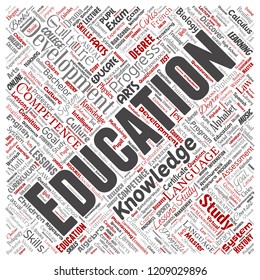 Vector conceptual education, knowledge, information square red word cloud isolated background. Collage of learning, infographic, training, teaching, system, progress, online, culture concept