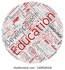 Vector conceptual education, knowledge, information round circle red word cloud isolated background. Collage of learning, infographic, training, teaching, system, progress, online, culture concept
