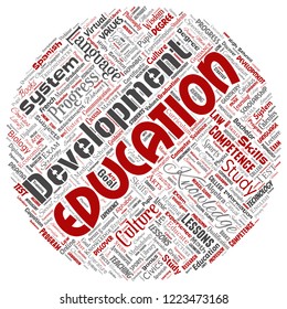 Vector conceptual education, knowledge, information round circle red word cloud isolated background. Collage of learning, infographic, training, teaching, system, progress, online, culture concept