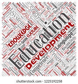 Vector conceptual education, knowledge, information square red word cloud isolated background. Collage of learning, infographic, training, teaching, system, progress, online, culture concept