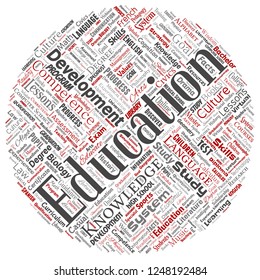 Vector conceptual education, knowledge, information round circle red word cloud isolated background. Collage of learning, infographic, training, teaching, system, progress, online, culture concept