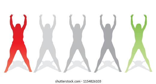 Hembra obesa vectorial con sobrepeso de grasa conceptual frente a cuerpo delgado saludable después de la pérdida de peso o dieta con músculos delgados mujer joven aislada. Gimnasio, nutrición u obesidad por enfermedad, forma de silueta de salud