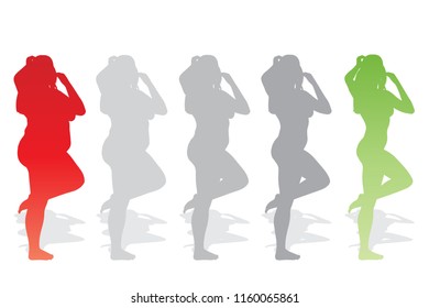 Vector conceptual fat overweight obese female vs slim fit healthy body after weight loss or diet with muscles thin young woman isolated. Fitness, nutrition or fatness obesity, health silhouette shape