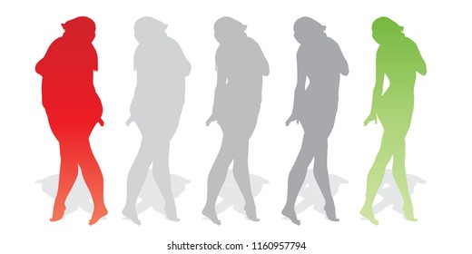 Vector conceptual fat overweight obese female vs slim fit healthy body after weight loss or diet with muscles thin young woman isolated. Fitness, nutrition or fatness obesity, health silhouette shape