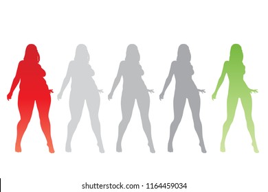 Vector conceptual fat overweight obese female vs slim fit healthy body after weight loss or diet with muscles thin young woman isolated. Fitness, nutrition or fatness obesity, health silhouette shape