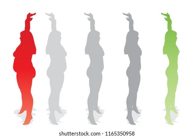 Vector conceptual fat overweight obese female vs slim fit healthy body after weight loss or diet with muscles thin young woman isolated. Fitness, nutrition or fatness obesity, health silhouette shape